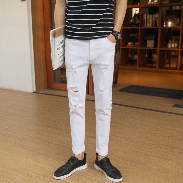

new spring summer white skinny jeans men 2019 new brand knee hole hip hop street style ankle length straight pants plus size, Blue