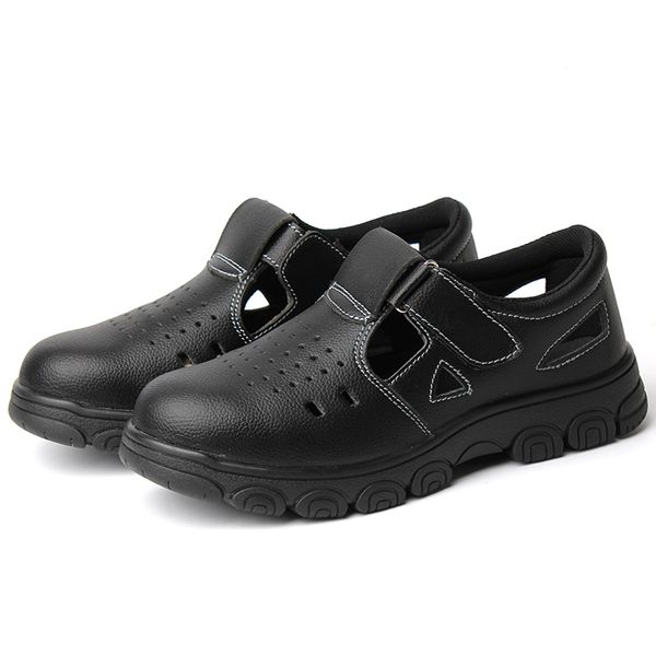 

large size men's leisure breathable steel toe cover work safety shoes outdoor summer worker sandals cow leather security boots, Black