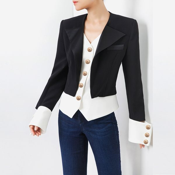 

autumn runway fake two pieces woman blazers long sleeve single breasted button black and white color patchwork coats, White;black