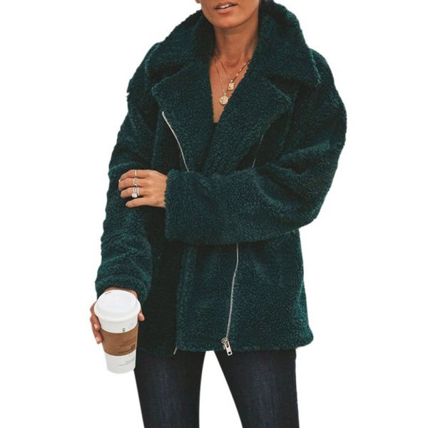 

women autumn winter lapel pocket zipper long sleeves warm solid color woolen coat outwear jacket fashion 2019, Black