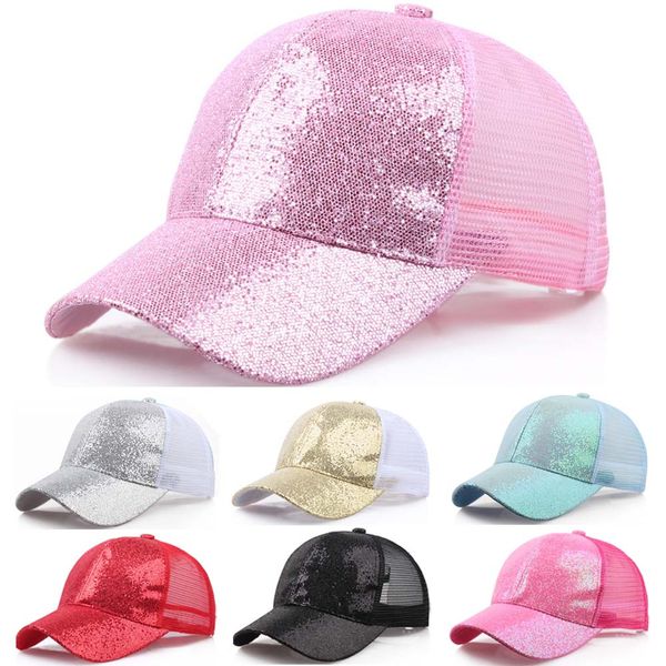 

women girl ponytail baseball cap sequins shiny messy bun snapback hat ladies sports caps summer mesh hat female hip hop caps, Blue;gray