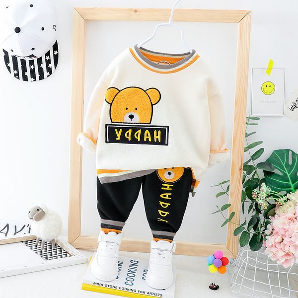 

autumn and winter new boy long-sleeved cartoon two-piece korean fashion bear plus velvet suit, White
