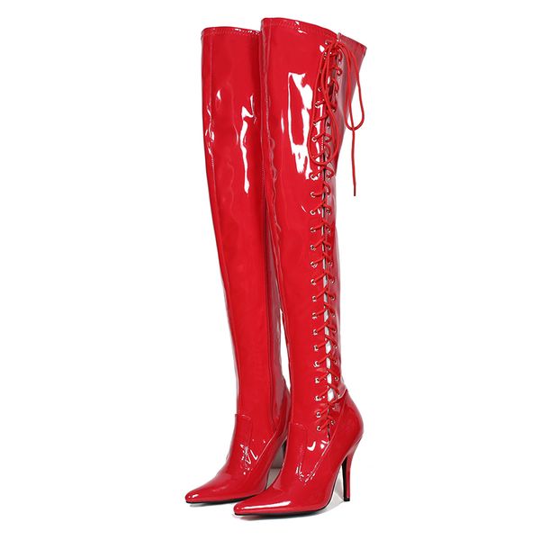 

red thigh long boots 13cm high heels women shoes patent leather over knee fenty beauty boots ladies shoes big size 45, Black