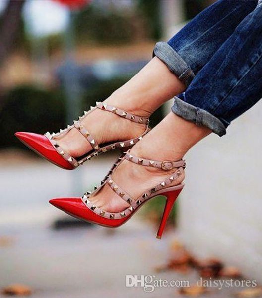 

2017 fashion pointed toe sandals rivet woman high heels thin heels women's shoes pumps multi colors plus size 41 42, Black