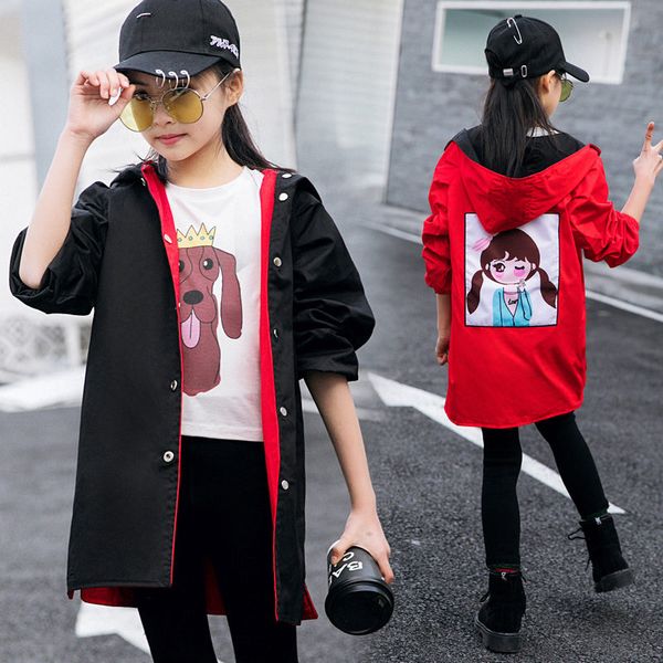 

two sides wear cartoon pattern jacket baby girl hooded thin autumn clothes 2019 new single casual hooded trench coat windbreaker, Blue;gray