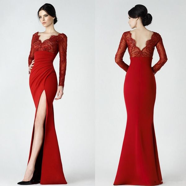 

red saiid kobeisy split mermaid evening dresses lace v neck backless evening gowns floor length empire waist formal dress 4041, Black;red
