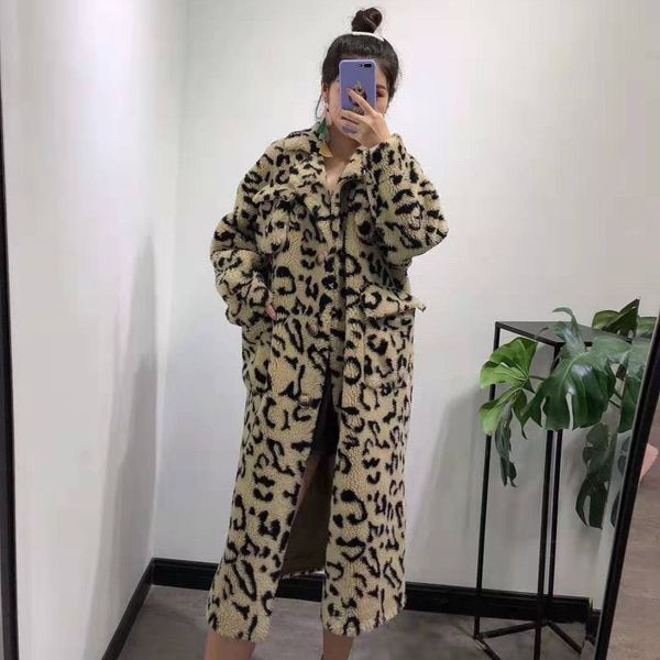 

x-long jacket women winter sheep fur coat leopard clothes 2019 harajuku leather jacket plus size clothing turn-down collar, Black