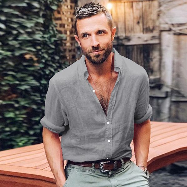 

men's shirt solid shirt collar soft linen button decor vintage long sleeve solid color male tee fashion clothes, White;black