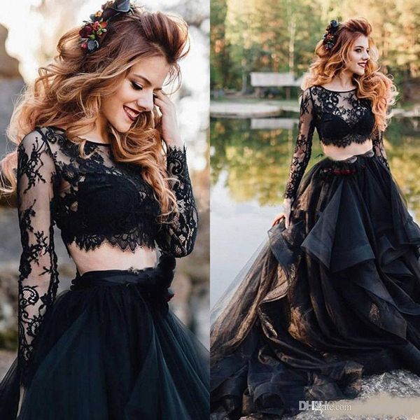 

2 pieces gothic black wedding dresses vintage long sleeve lace ruffles skirt a line bridal gowns custom plus size, White
