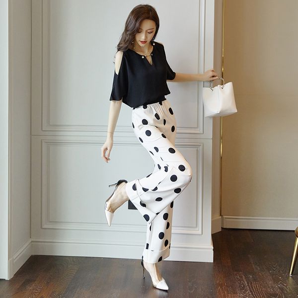 

trendy polka dot women 2 piece set and pants office lady women's summer suit ensemble femme deux pieces conjunto feminino, White