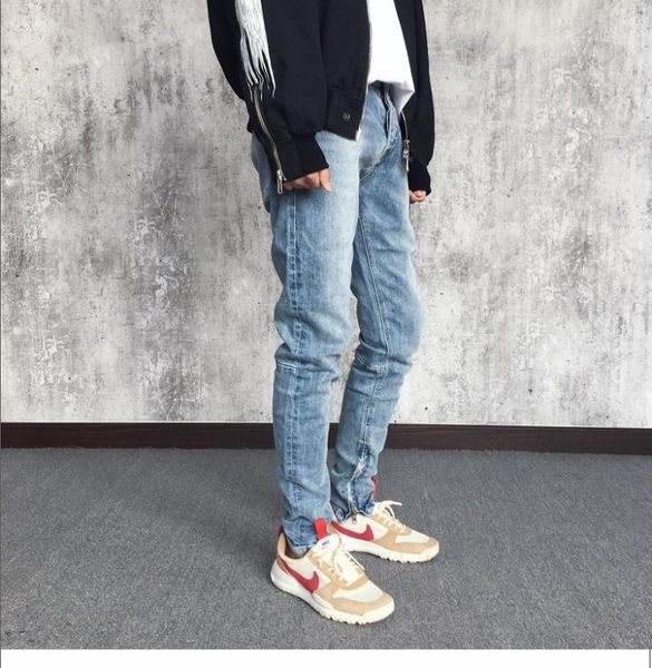 

summer tide brand hip hop basic washed zipper stretch slim feet jeans men's straight trousers, Black
