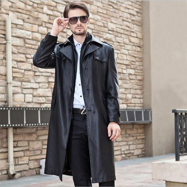 

2019 winter new men long double collar detachable leather jacket mens sheepskin overcoat male windbreaker fashion trench coat, Tan;black