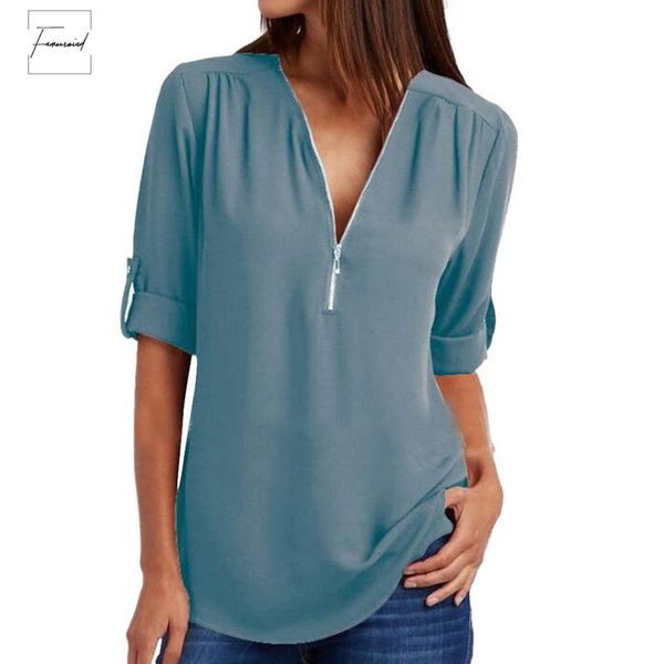 

solid blouse polyester new zipper loose plus size long sleeve chiffon blusas women v neck casual summer gift, White