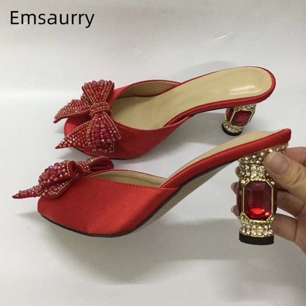 

chic 2020 jeweled ruby heel banquet shoes woman satin peep toe red crystal bowknot rhinestone women slippers, Black