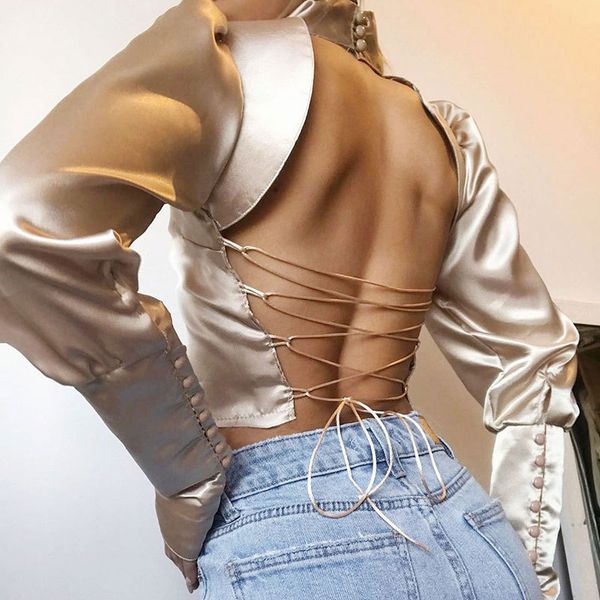 

2019 autumn office lady backless lace up elegant satin shirt women long sleeve turtleneck hollow out solid blouse, White