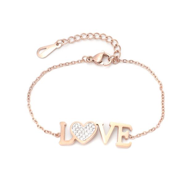 

rose gold & silver stainless steel chain bracelets letter "love" cubic zirconia bracelet women jewelry gifts 16.5cm long 1 pc, Golden;silver