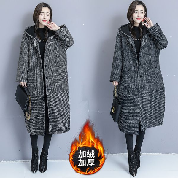 

2019 fashion large size women's autumn winter woolen coat korean loose long plus velvet thickened hooded wool jackets v897, Black