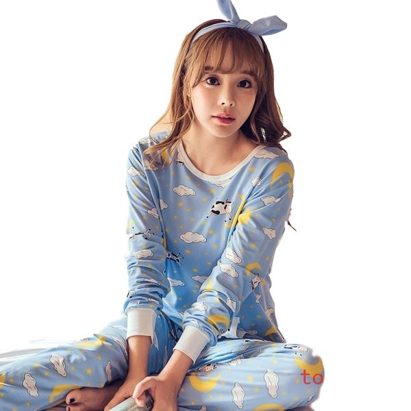 

women's pijamas suit home clothes pyjama femme womens pajamas sets long sleeve suit animal cartoon large size girls sleepwear, Blue;gray