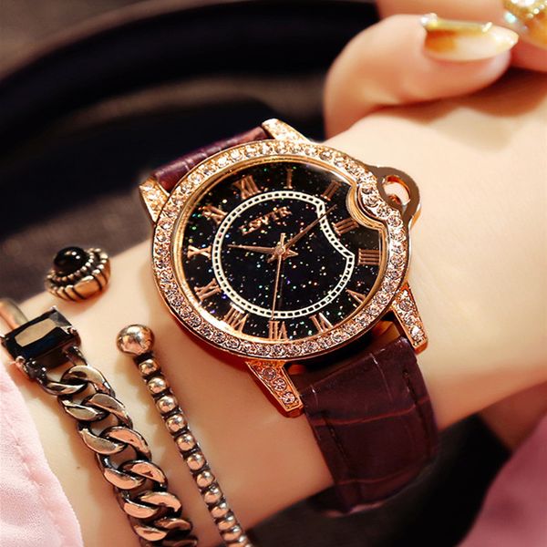 

selling new ladies watch crystal starry face quartz waterproof belt trend watch buckle 30 meters waterproof fashion & casual, Slivery;brown