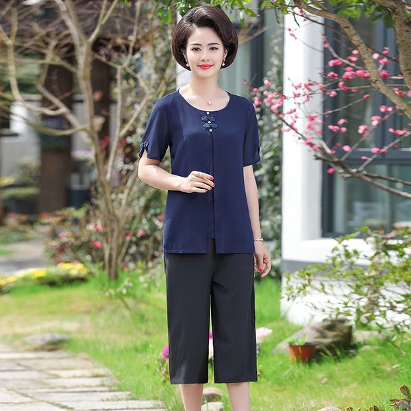 

2019 summer women two pieces chiffon t shirt and calf-length pants solid o neck office lady elastic waist short sleeve, White