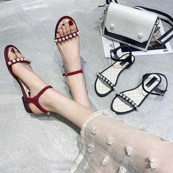 

fashion womens shoes 2020 low sandals woman leather clear heels all-match buckle strap suit female beige low-heeled, Black
