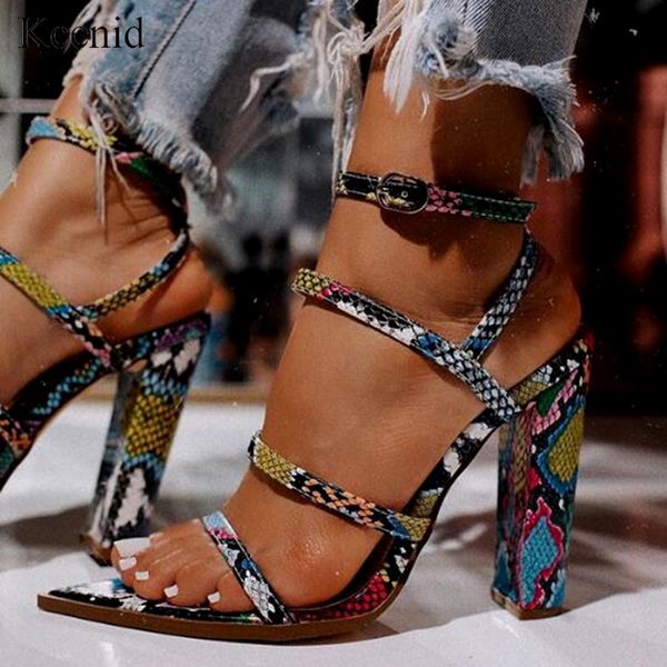 

kcenid 2020 new women summer sandals pointed toe multi-color snake pu shoes woman zapatos mujer ladies chunky high heels pumps, Black