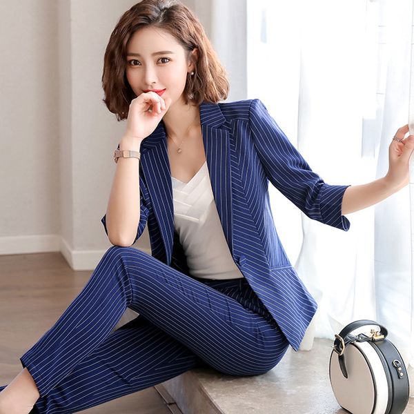 

women classic stripe half sleeve skirt suit turn-down collar blazer &skirt sets woman plus size s-4xl women elegant skirt suits, White;black