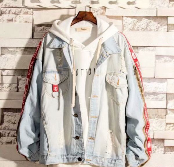 

jeans vintage jacket men denim hip hop epaulet hole patchwork men's jackets autumn hi-street washed ribbon streetwear coat male, Black;brown