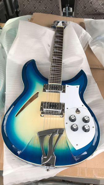 Top in acero fiammato raro RIC 330 360 Chitarra elettrica a 12 corde Blue Sunburst White Hollow Body, intarsio triangolare, pickup TV Jones, Bigs Bridge