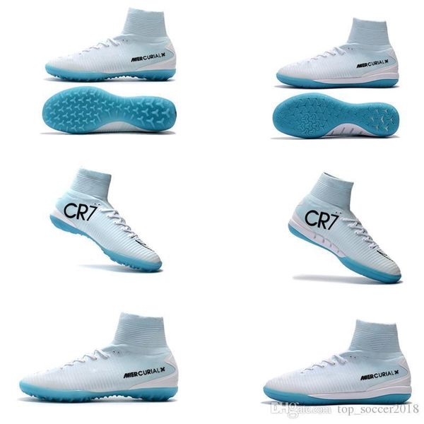 

white cr7 blue original flat soccer cleats mercurial superfly v tf/ic sx indoor kid soccer shoes cristiano ronaldo 7 football boots