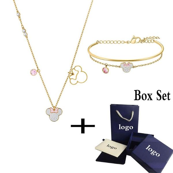 

delicate new lucky my mouse set character gold romantic wild gorgeous mouse pink bow crystal female necklace jewelry set, Black