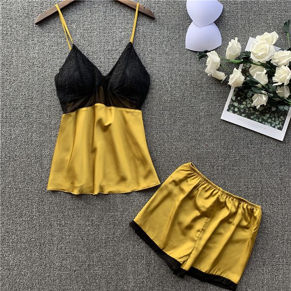 

women spring satin camisole shorts pajamas twinset princess wind lace v-neck reveal back sleepwear lingerie home clothes, Black;red
