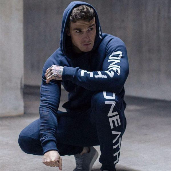

mens autumn winter running sportswear suit hoodies sweatshirt + jogging pants suit clothing male gym fitness sports 2pcs set, Black;blue
