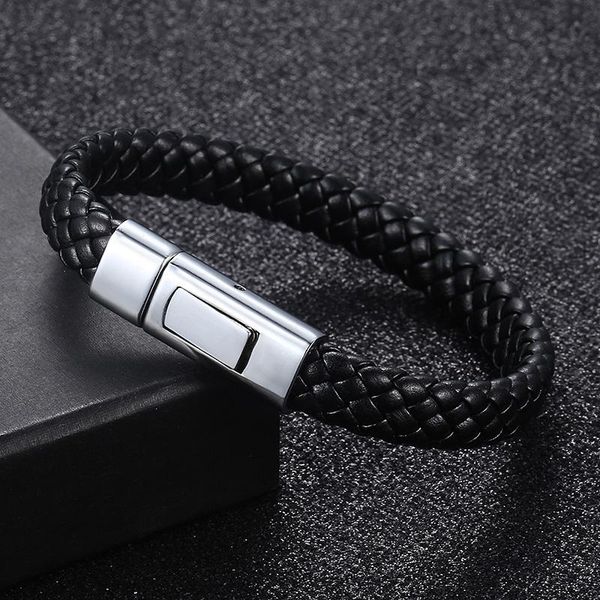 

davieslee leather bracelet for men handmade black leather men's bracelets male jewelry stainless steel clasp gifts 10mm dlb738