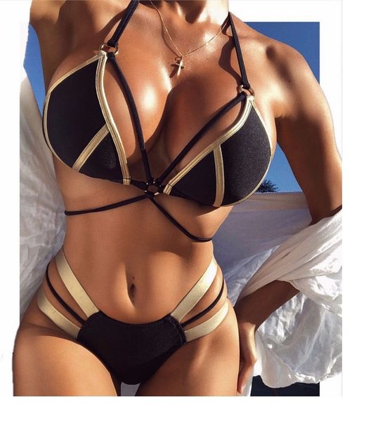 

retro split gold-stamped solid color bandage swimming suit 2 piece beaching swimsuit women stitching bikini ing