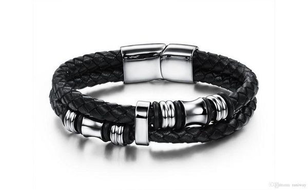 

casual/sporty double layer black genunie leather bracelets bangles stainless steel magnet clasp wrap band for men father's day gifts, Golden;silver