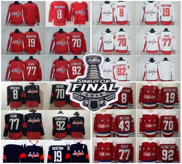 

18-19 Stanley Cup Champions Washington Capitals Hockey 8 Alex Ovechkin 77 TJ Oshie 70 Braden Holtby 43Tom Wilson 92 Kuznetsov hockey jerseys