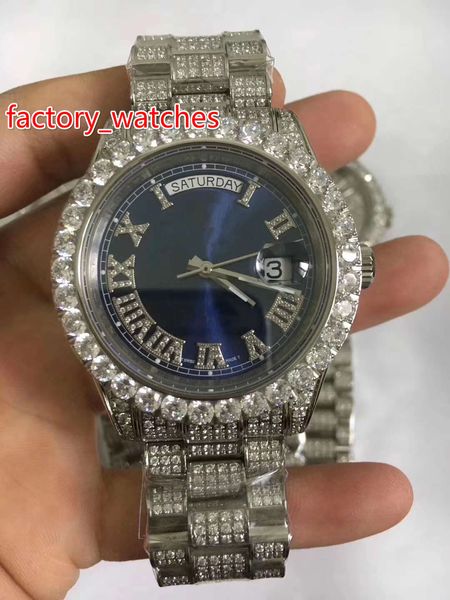 

luxury watch 43mm blue dial big diamond bezel watchcase/strap set auger automatic mens watch ing, Slivery;brown