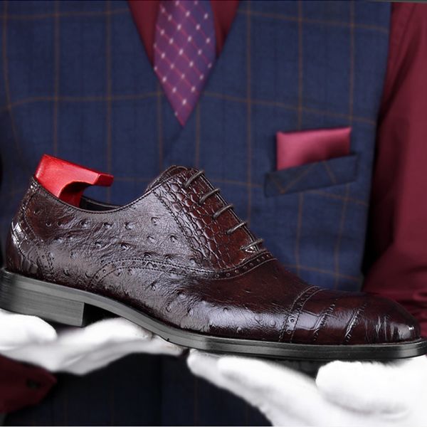 

нового натуральной кожа мужского ручного cap toe oxfords страус шаблон площадь носок каблуки человек формальные платья партия обувь hkn162, Black