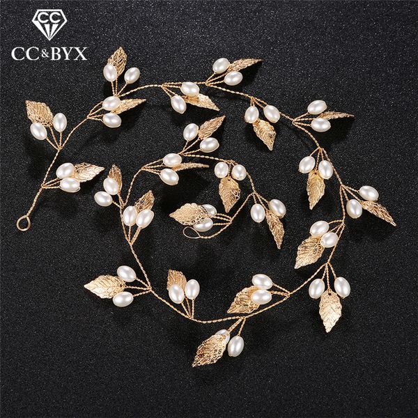 

cc wedding jewelry hairbands headbands crystal leaf engagement hair accessories for bridal party beach headdress pearl diy hx194, Golden;white