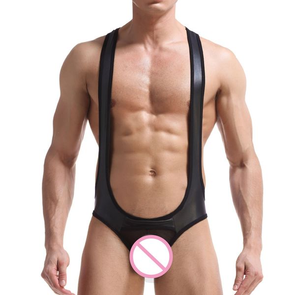 

men jumpsuits undershirt pu leather wrestling singlet open back jumpsuit suspender teddies underwear one-piece bodysuits, Black;brown