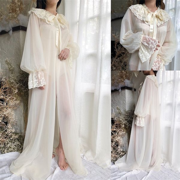 Einfache, günstige Hochzeitsroben, Juwelenspitze, Chiffon, lange Ärmel, Brautjungfern-Robe, Sweep-Zug, transparente Nachtwäsche, durchsichtiges Nachtkleid für Frauen