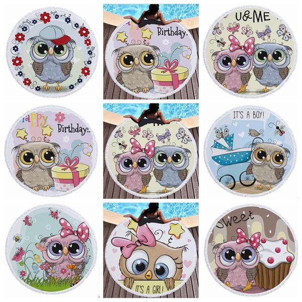 

beach towel microfiber round beach towel tassel beach blankets printed women shawl yoga mat picnic rugs cute owl 8 style lyw1080