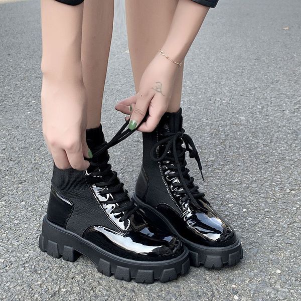 

women patent leather lace up ankle boots woman shoes casual black sock platform boots female fashion lady 2020 new botas mujer