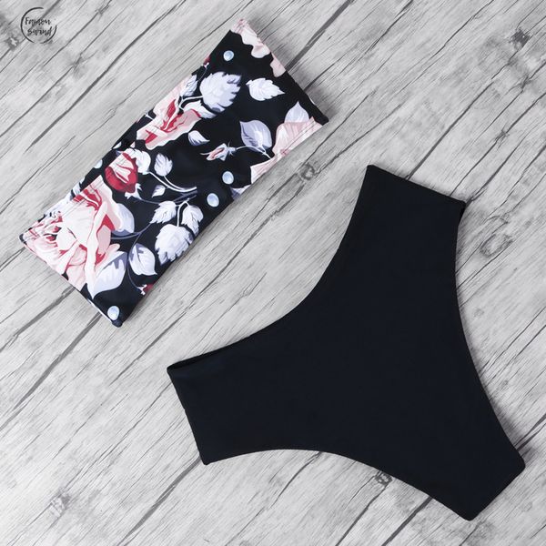 

print tube bikini high waist bikini 2019 bandage polyester bandeau brazilian biquini off shoulder swimwear women swimsuit bikini set, White;black