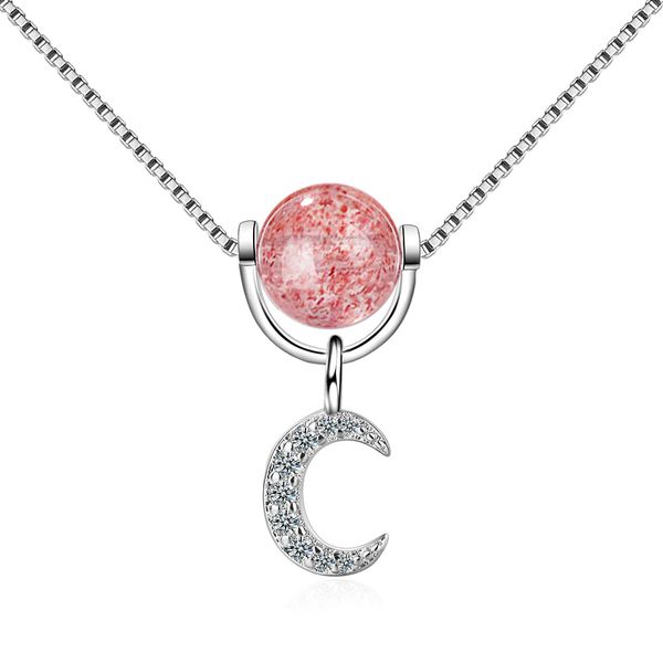 

cat crescent star strawberry crystal necklace womens pink recruit peach korean version of the simple-style mori-style short paragraph clavic, Silver