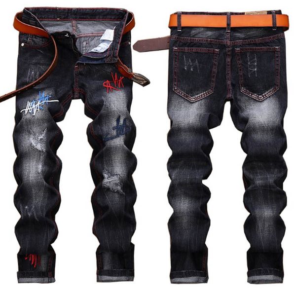 

new designer men's jeans mens distressed ripped skinny jeans classic washed slim moto biker causal mens denim pants hip hop men jeans 0, Blue