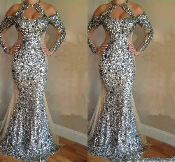 

2020 luxury sequined crystals mermaid prom dresses gorgeous long sleeve halter neck prom gowns sparkly formal evening dresses, Black