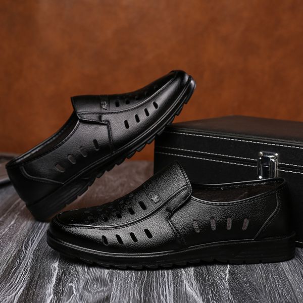 

2019 summer new products breathable genuine leather hollow-out leather shoes foot covering fashion business comfortable men's ca, Black