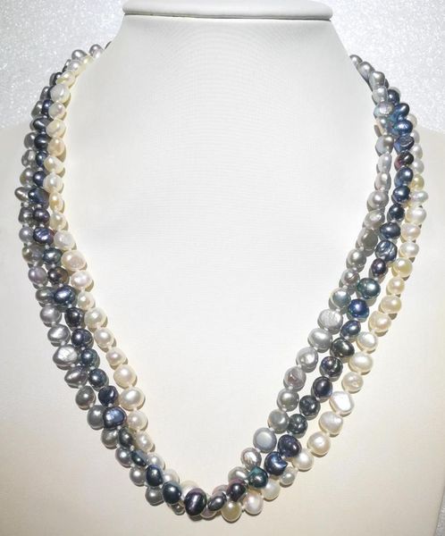 

3 rows 9mm white gray black colors baroque pearl necklace natural freshwater pearl women jewelry 35cm-43cm 15-17, Silver